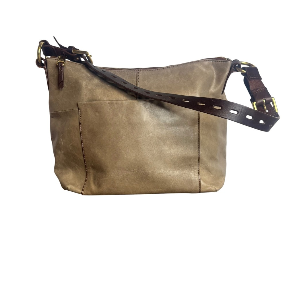 HOBO Brand Taupe Brown Leather Shoulder Bag Adjustable Perforated Strap Gold Y2K